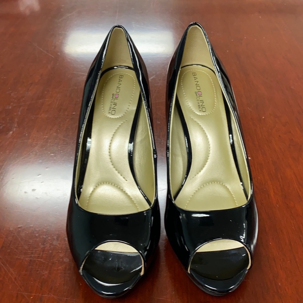Peep toe back heels. Patent leather. Never worn.